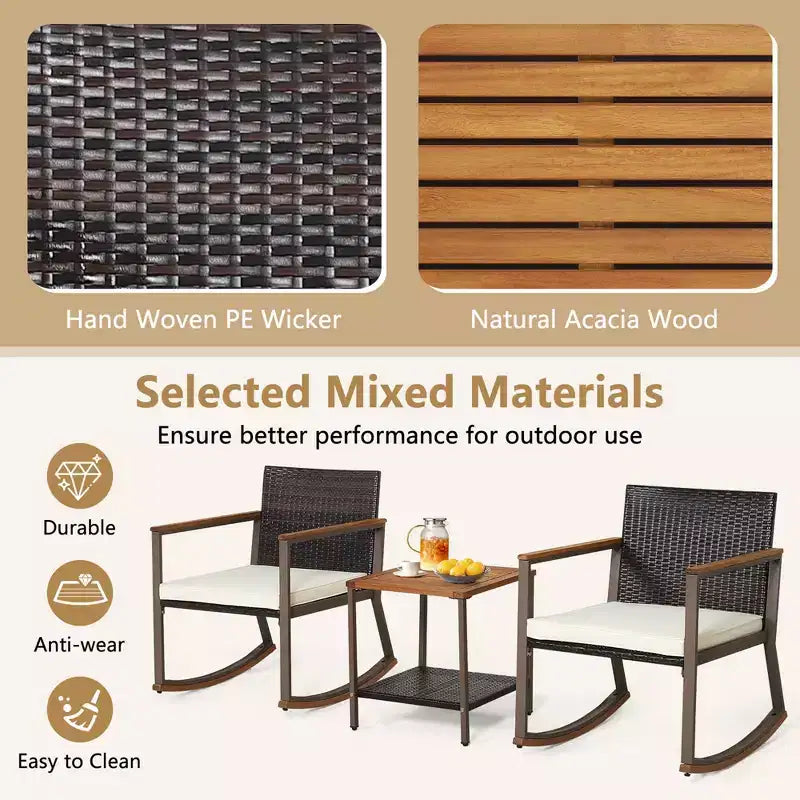 Costway Ensemble de Bistrot 3 Pièces avec Fauteuils à Bascule en Rotin de Patio, Coussins d'Accoudoirs et Table avec Étagère de Rangement Bleu Marine/Gris/Blanc Cassé