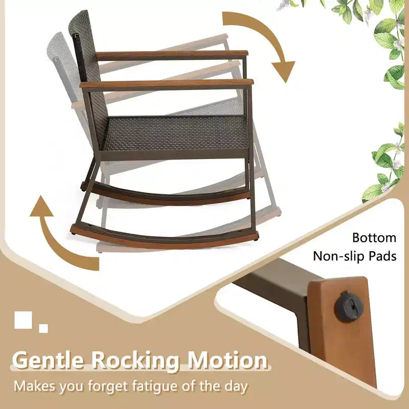 Costway Ensemble de Bistrot 3 Pièces avec Fauteuils à Bascule en Rotin de Patio, Coussins d'Accoudoirs et Table avec Étagère de Rangement Bleu Marine/Gris/Blanc Cassé