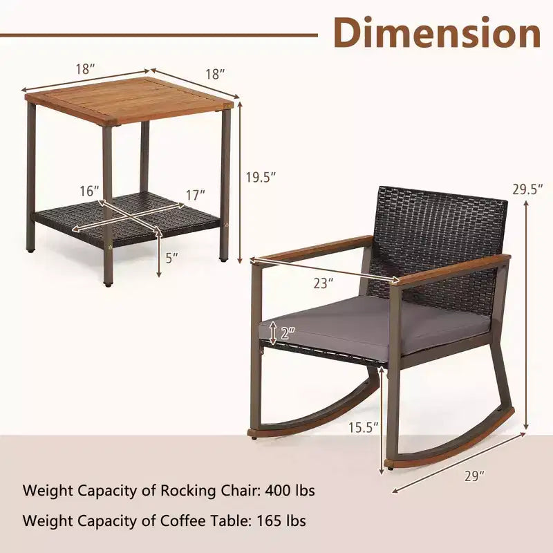 Costway Ensemble de Bistrot 3 Pièces avec Fauteuils à Bascule en Rotin de Patio, Coussins d'Accoudoirs et Table avec Étagère de Rangement Bleu Marine/Gris/Blanc Cassé