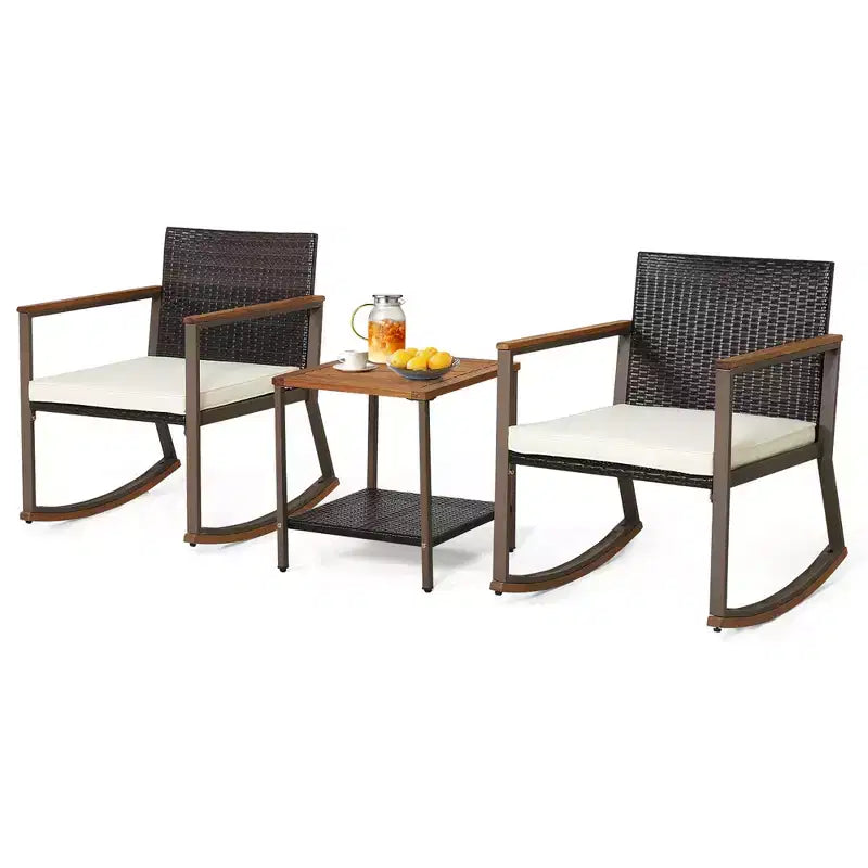 Costway Ensemble de Bistrot 3 Pièces avec Fauteuils à Bascule en Rotin de Patio, Coussins d'Accoudoirs et Table avec Étagère de Rangement Bleu Marine/Gris/Blanc Cassé