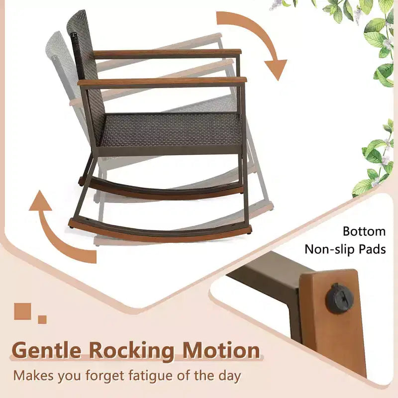 Costway Ensemble de Bistrot 3 Pièces avec Fauteuils à Bascule en Rotin de Patio, Coussins d'Accoudoirs et Table avec Étagère de Rangement Bleu Marine/Gris/Blanc Cassé