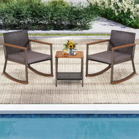 Costway 3 PCS Patio Rattan Rocking Chair Bistro Set Armrest Cushion Table with Storage Shelf Navy/Grey/Off White
