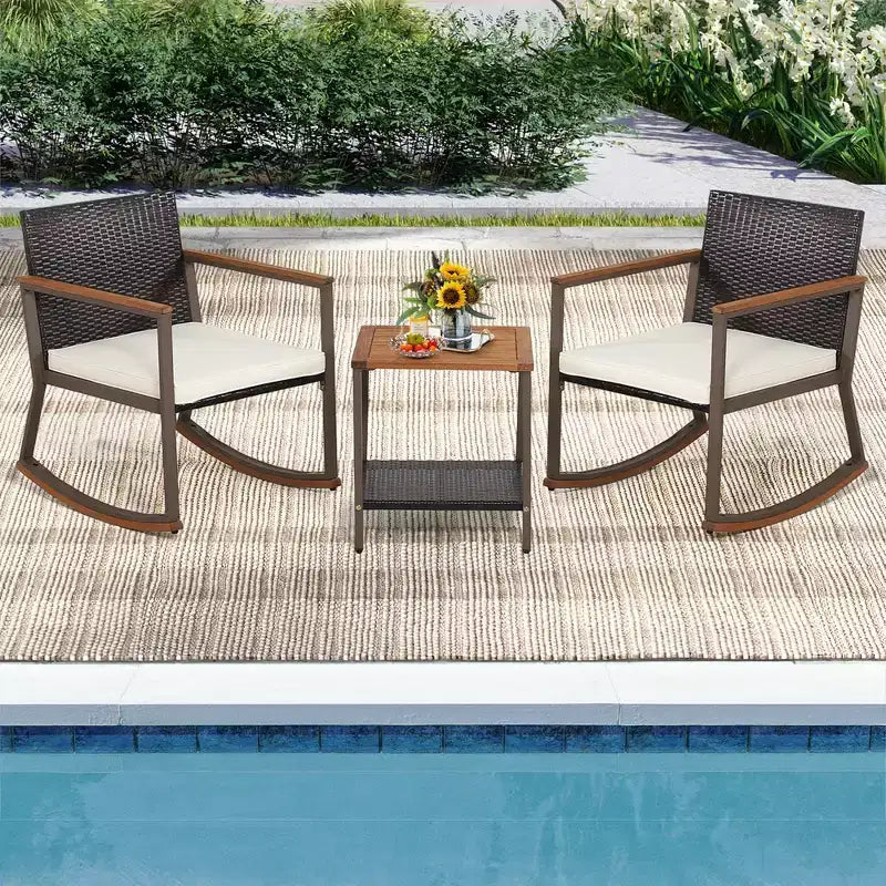 Costway Ensemble de Bistrot 3 Pièces avec Fauteuils à Bascule en Rotin de Patio, Coussins d'Accoudoirs et Table avec Étagère de Rangement Bleu Marine/Gris/Blanc Cassé
