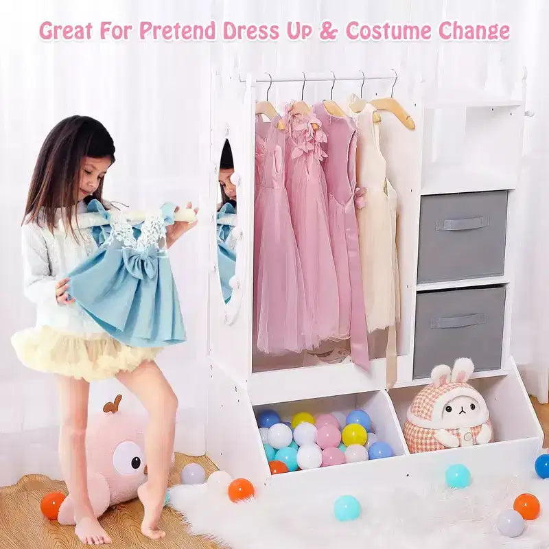 Penderie pour enfant avec miroir éclairé, armoire de rangement pour déguisement de fille, portant à vêtements et bac de rangement