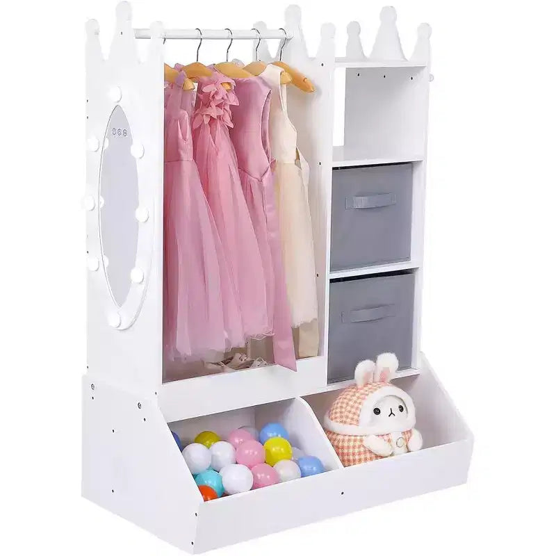 Penderie pour enfant avec miroir éclairé, armoire de rangement pour déguisement de fille, portant à vêtements et bac de rangement