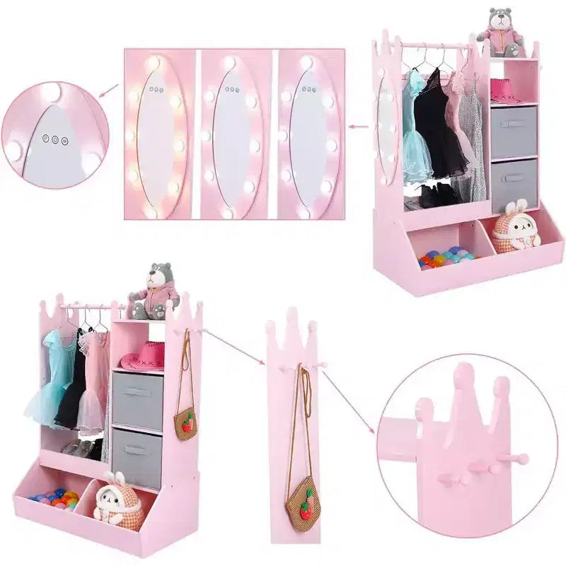 Penderie pour enfant avec miroir éclairé, armoire de rangement pour déguisement de fille, portant à vêtements et bac de rangement