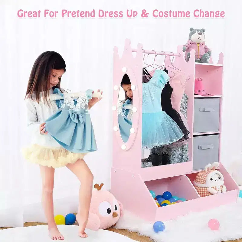 Penderie pour enfant avec miroir éclairé, armoire de rangement pour déguisement de fille, portant à vêtements et bac de rangement