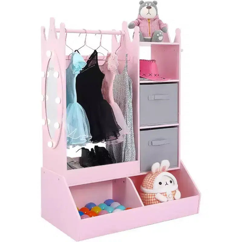 Penderie pour enfant avec miroir éclairé, armoire de rangement pour déguisement de fille, portant à vêtements et bac de rangement
