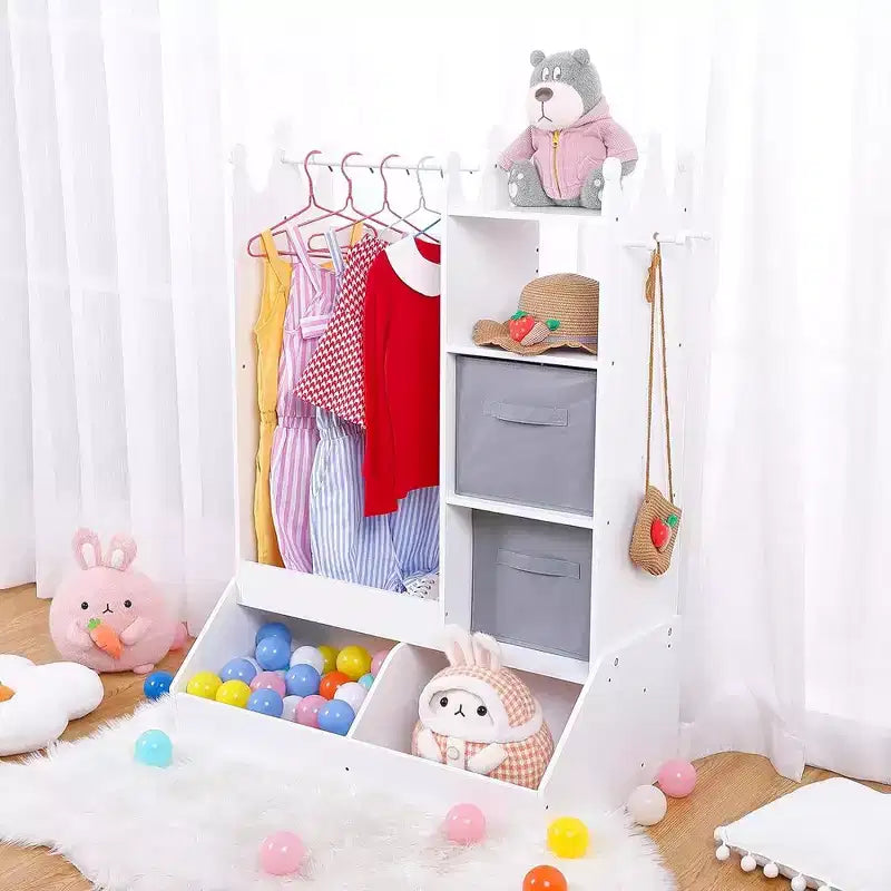 Penderie pour enfant avec miroir éclairé, armoire de rangement pour déguisement de fille, portant à vêtements et bac de rangement