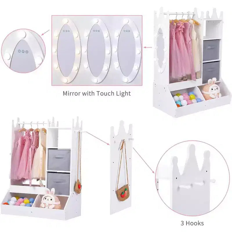 Penderie pour enfant avec miroir éclairé, armoire de rangement pour déguisement de fille, portant à vêtements et bac de rangement