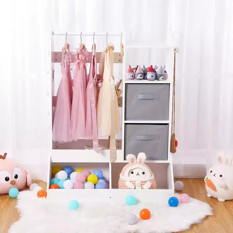 Penderie pour enfant avec miroir éclairé, armoire de rangement pour déguisement de fille, portant à vêtements et bac de rangement