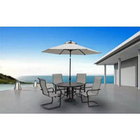 Parasol de terrasse de marché Palermo 9 pieds Four Seasons Courtyard, parasol rond d'extérieur ombragé pour jardin avec inclinaison à bouton-poussoir et mât en aluminium, gris