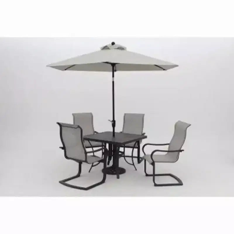 Parasol de terrasse de marché Palermo 9 pieds Four Seasons Courtyard, parasol rond d'extérieur ombragé pour jardin avec inclinaison à bouton-poussoir et mât en aluminium, gris