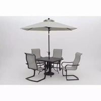 Parasol de terrasse de marché Palermo 9 pieds Four Seasons Courtyard, parasol rond d'extérieur ombragé pour jardin avec inclinaison à bouton-poussoir et mât en aluminium, gris