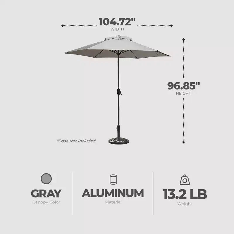 Parasol de terrasse de marché Palermo 9 pieds Four Seasons Courtyard, parasol rond d'extérieur ombragé pour jardin avec inclinaison à bouton-poussoir et mât en aluminium, gris