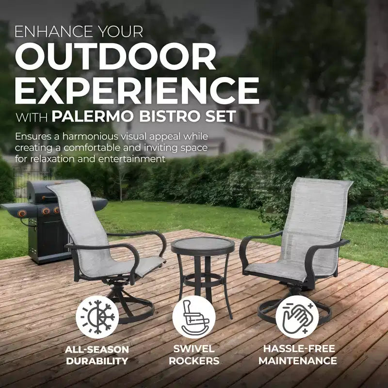 Four Seasons Courtyard Palermo Ensemble de mobilier bistro 3 pièces en aluminium avec chaises à bascule pivotantes et table à carrelage encastré pour pelouses et patios d'extérieur