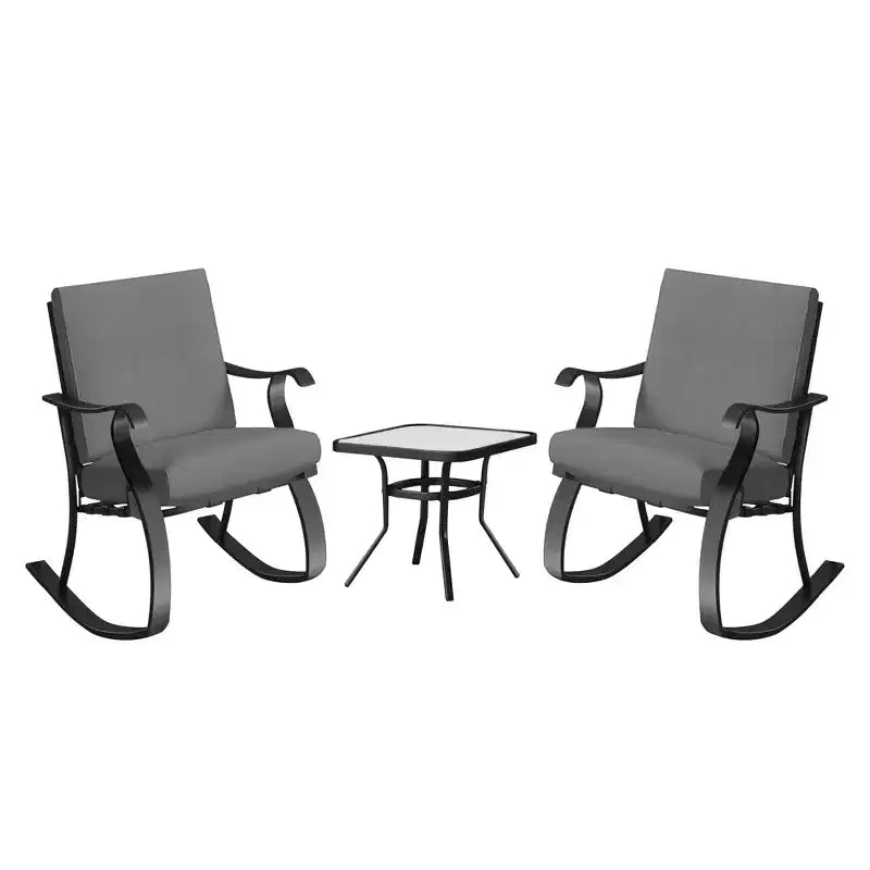 Four Seasons Courtyard Gramercy Ensemble bistro de mobilier de patio d'extérieur 3 pièces avec chaises à bascule rembourrées et table d'appoint carrée, Gris anthracite
