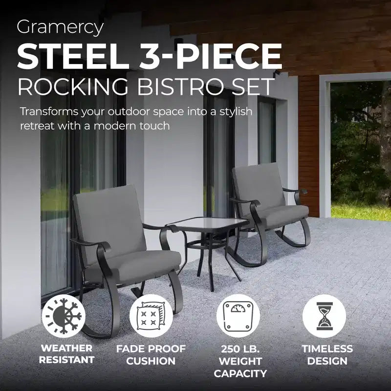 Four Seasons Courtyard Gramercy Ensemble bistro de mobilier de patio d'extérieur 3 pièces avec chaises à bascule rembourrées et table d'appoint carrée, Gris anthracite