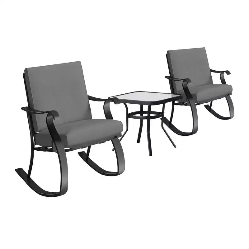 Four Seasons Courtyard Gramercy Ensemble bistro de mobilier de patio d'extérieur 3 pièces avec chaises à bascule rembourrées et table d'appoint carrée, Gris anthracite