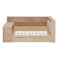 Canapé lit de jour en bois en forme de L avec bureau, bibliothèque, lit d'angle avec tiroirs sous le lit, tête de lit tapissée et éclairage intégré