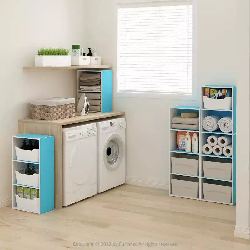 Furinno Étagère décorative à 3 niveaux réversible à 3 cubes ouverte pour salon et bureau, bleu clair/blanc
