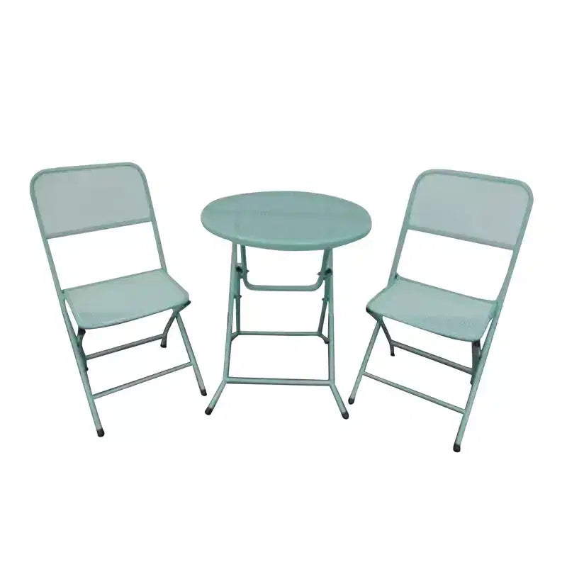 Four Seasons Courtyard Padova Ensemble repas bistro de patio d'extérieur pliable 3 pièces en acier maillé thermolaqué, comprend 1 table et 2 chaises, Bleu