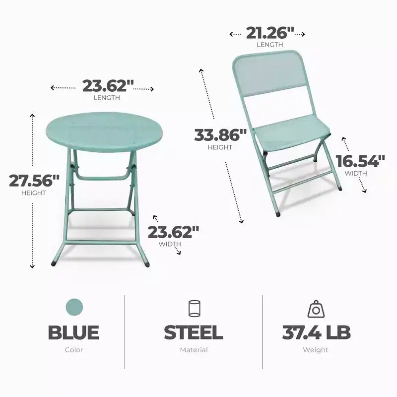 Four Seasons Courtyard Padova Ensemble repas bistro de patio d'extérieur pliable 3 pièces en acier maillé thermolaqué, comprend 1 table et 2 chaises, Bleu