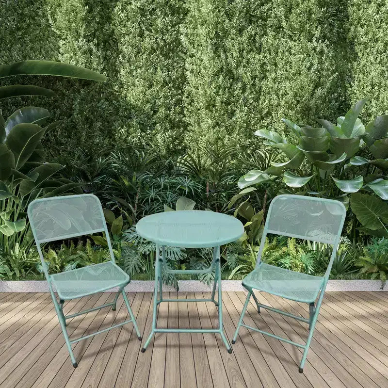 Four Seasons Courtyard Padova Ensemble repas bistro de patio d'extérieur pliable 3 pièces en acier maillé thermolaqué, comprend 1 table et 2 chaises, Bleu