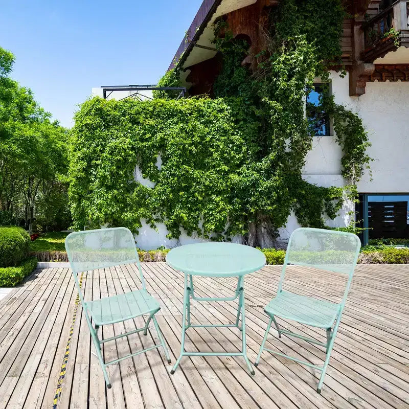 Four Seasons Courtyard Padova Ensemble repas bistro de patio d'extérieur pliable 3 pièces en acier maillé thermolaqué, comprend 1 table et 2 chaises, Bleu