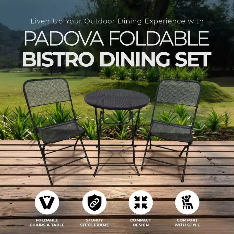 Four Seasons Courtyard Padova Ensemble repas bistro d'extérieur 3 pièces avec 2 chaises pliantes et table ronde pour patios ou terrasses, Noir