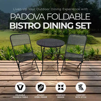 Four Seasons Courtyard Padova Ensemble repas bistro d'extérieur 3 pièces avec 2 chaises pliantes et table ronde pour patios ou terrasses, Noir