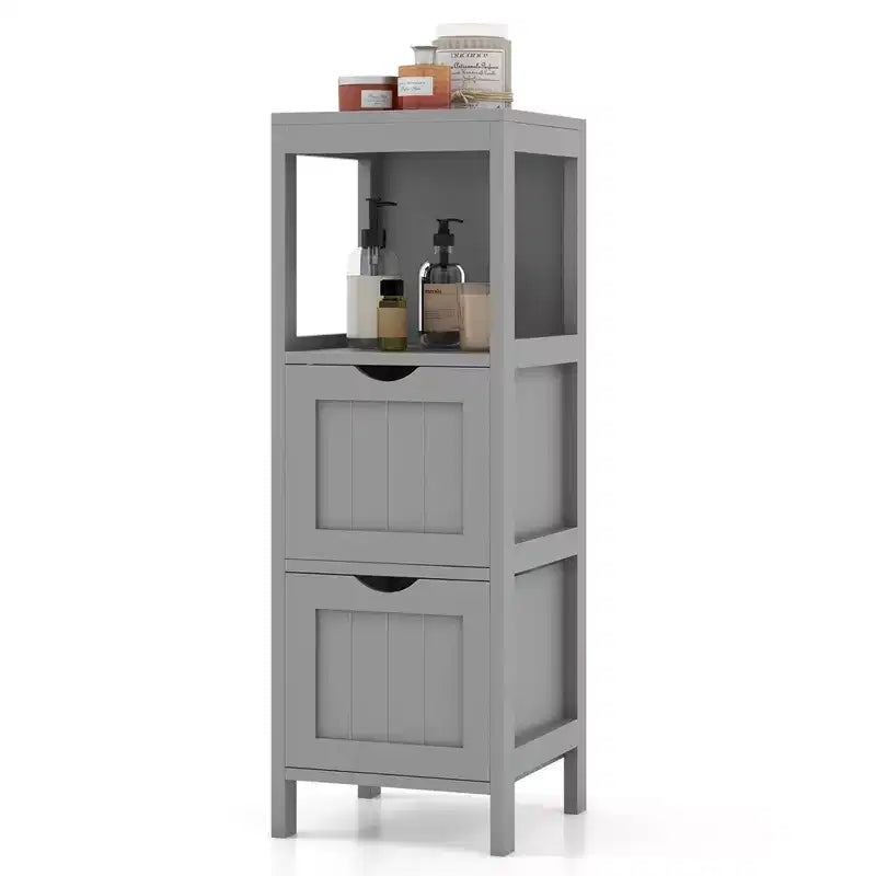 Meuble de salle de bain Costway au sol, organisateur de rangement latéral autoportant avec 2 tiroirs amovibles Marron/Gris/Noir