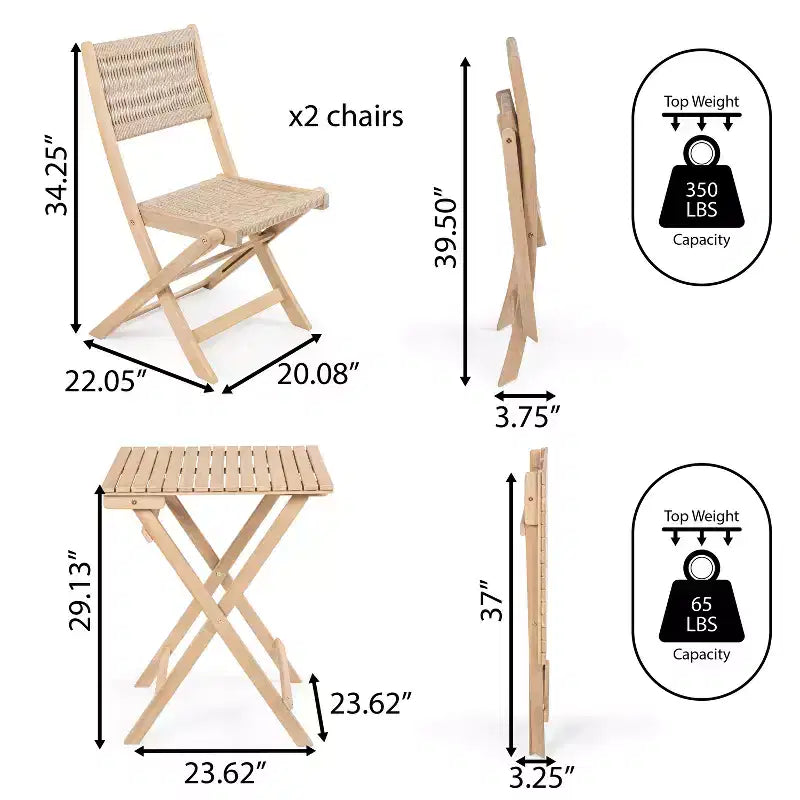 Ensemble bistrot d'extérieur pliant 3 pièces en bois d'acacia Javea Modern Coastal