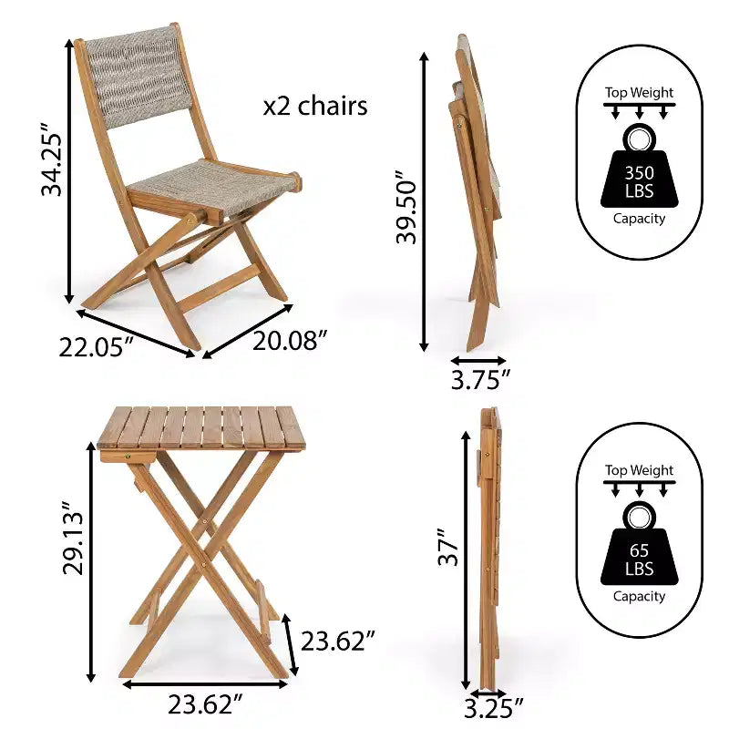 Ensemble bistrot d'extérieur pliant 3 pièces en bois d'acacia Javea Modern Coastal