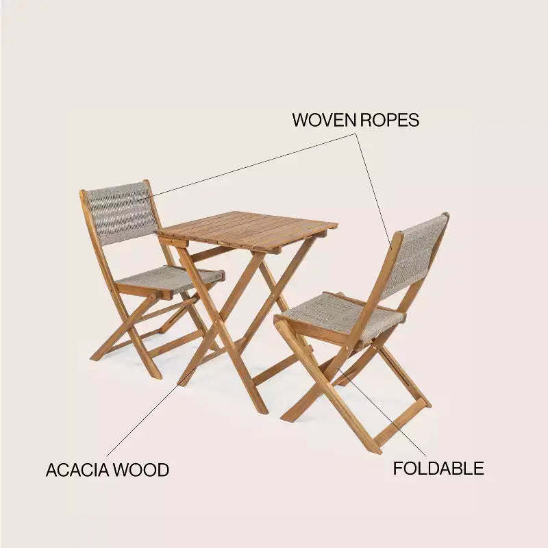 Ensemble bistrot d'extérieur pliant 3 pièces en bois d'acacia Javea Modern Coastal