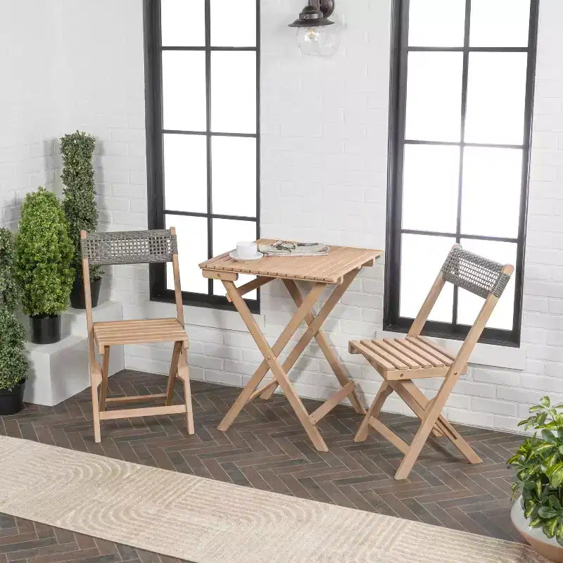 Ensemble bistro pliant d'extérieur 3 pièces en bois d'acacia tressé Sitges Modern Mid-Century