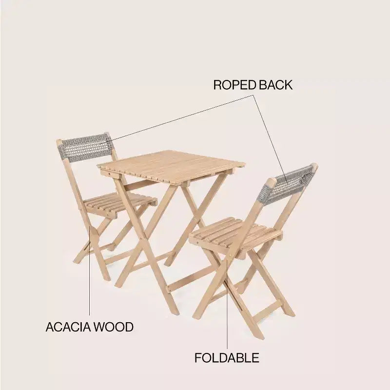 Ensemble bistro pliant d'extérieur 3 pièces en bois d'acacia tressé Sitges Modern Mid-Century