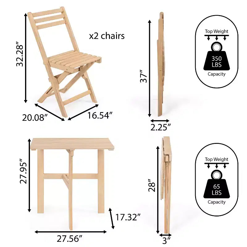 Ensemble de bistro pliable 3 pièces en bois d'acacia Nerja moderne traditionnel pour l'extérieur