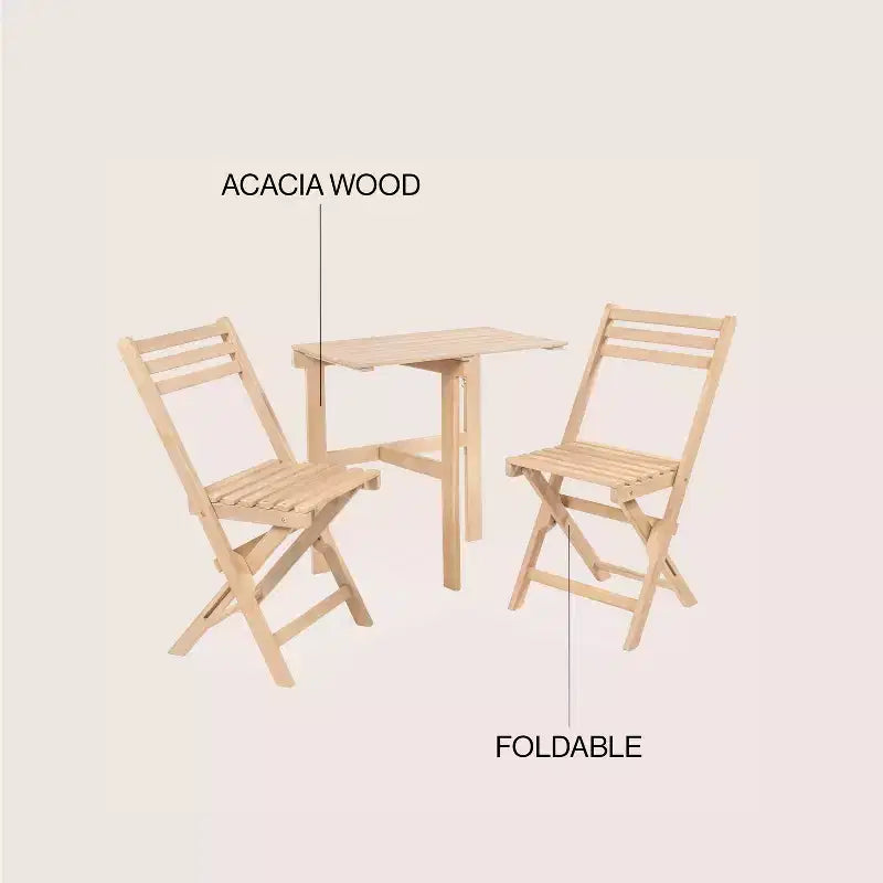 Ensemble de bistro pliable 3 pièces en bois d'acacia Nerja moderne traditionnel pour l'extérieur