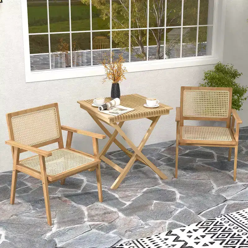 Costway Ensemble table et chaises de terrasse 3 pièces, ensemble bistro en bois avec assise en rotin naturel et cadre en bois de teck d'Indonésie