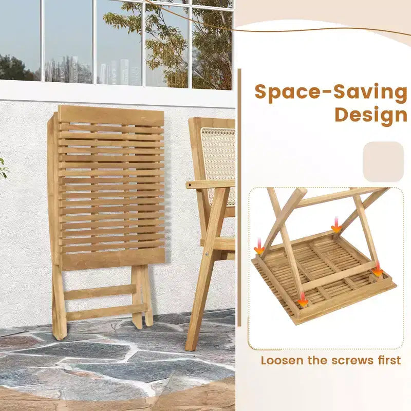 Costway Ensemble table et chaises de terrasse 3 pièces, ensemble bistro en bois avec assise en rotin naturel et cadre en bois de teck d'Indonésie