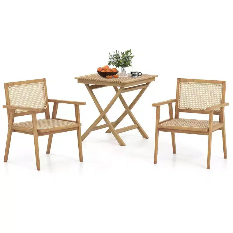 Costway Ensemble table et chaises de terrasse 3 pièces, ensemble bistro en bois avec assise en rotin naturel et cadre en bois de teck d'Indonésie