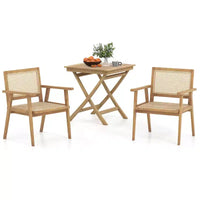 Costway Ensemble table et chaises de terrasse 3 pièces, ensemble bistro en bois avec assise en rotin naturel et cadre en bois de teck d'Indonésie