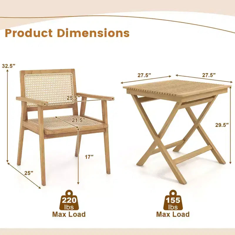 Costway Ensemble table et chaises de terrasse 3 pièces, ensemble bistro en bois avec assise en rotin naturel et cadre en bois de teck d'Indonésie