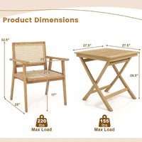 Costway Ensemble table et chaises de terrasse 3 pièces, ensemble bistro en bois avec assise en rotin naturel et cadre en bois de teck d'Indonésie