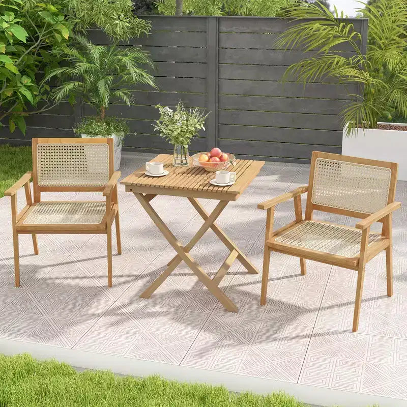 Costway Ensemble table et chaises de terrasse 3 pièces, ensemble bistro en bois avec assise en rotin naturel et cadre en bois de teck d'Indonésie
