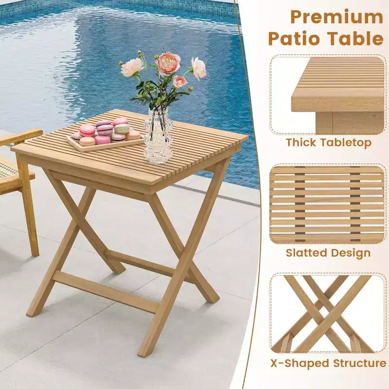 Costway Ensemble table et chaises de terrasse 3 pièces, ensemble bistro en bois avec assise en rotin naturel et cadre en bois de teck d'Indonésie
