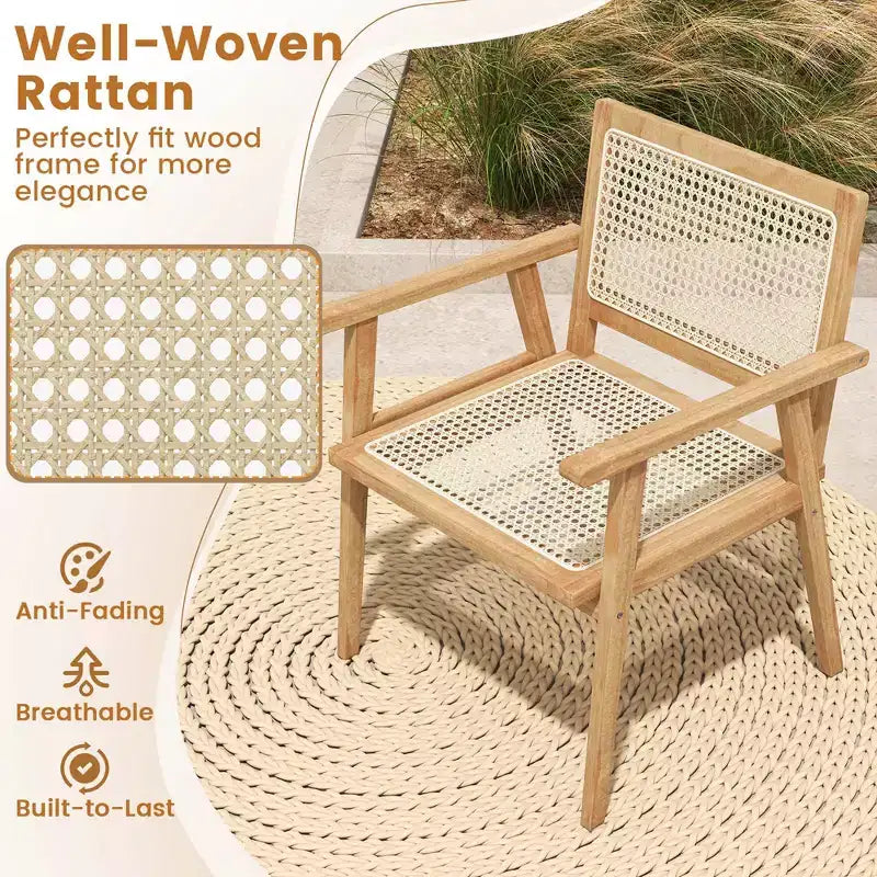 Costway Ensemble table et chaises de terrasse 3 pièces, ensemble bistro en bois avec assise en rotin naturel et cadre en bois de teck d'Indonésie
