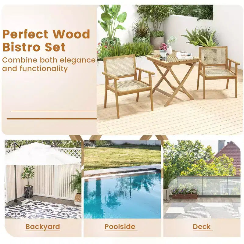Costway Ensemble table et chaises de terrasse 3 pièces, ensemble bistro en bois avec assise en rotin naturel et cadre en bois de teck d'Indonésie