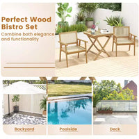 Costway Ensemble table et chaises de terrasse 3 pièces, ensemble bistro en bois avec assise en rotin naturel et cadre en bois de teck d'Indonésie
